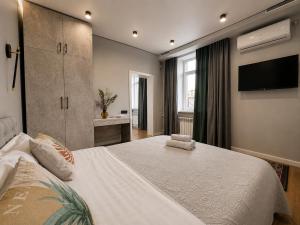 a bedroom with a large bed and a flat screen tv at Nazarbayev avenue central studios in Almaty