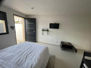 a bedroom with a bed and a tv on the wall at Studio cosy avec terrasse in Montpellier