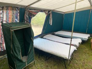 a tent with two bunk beds in it at Kemping przy Suntago in Lublinów