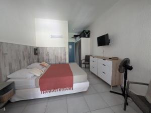 a bedroom with a bed and a desk and a television at Bluehibiscus in Saint-François