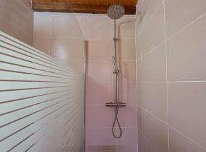 a shower in a bathroom with pink tile at Casa da Covinha - Branda da Aveleira in Melgaço +46 photos