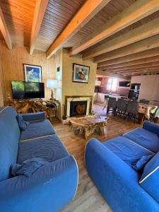 a living room with two blue couches and a fireplace at CONFORTABLE CHALET INDIVIDUEL SUR PYRENEES 2000 in Font-Romeu