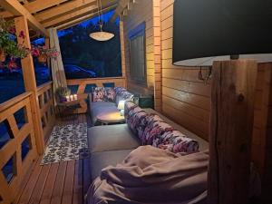 a screened in porch with a couch and a tv at Chrzanowa Dolina in Maruny +1 photo
