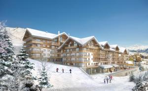 a ski lodge with people standing in the snow at TERRESENS Le Caprice Blanc in La Toussuire