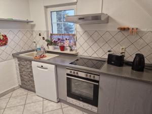 a kitchen with a stove and a sink at Ferienwohnung Gretel in Görlitz +4 photos