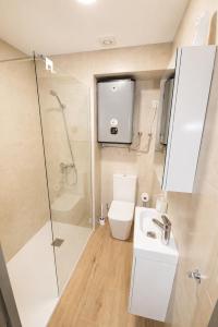 a bathroom with a shower and a toilet and a sink at Apartaments Angelina in La Pobla de Segur +26 photos