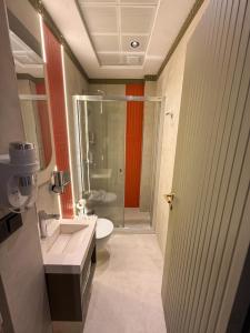 a bathroom with a shower and a sink and a toilet at Nearest Airport Hotel in Arnavutköy +35 photos