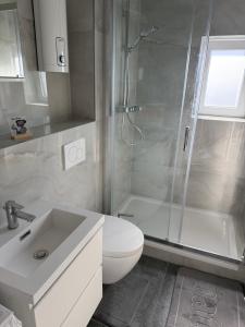 a bathroom with a shower and a toilet and a sink at Stillvolle Apartment NV in Neukirchen-Vluyn