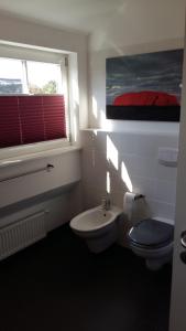a bathroom with a toilet and a sink and a window at Ferienhaus Sonnenpier in Putbus