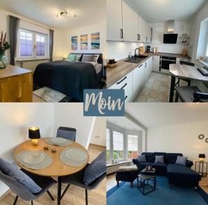 a collage of photos of a kitchen and a living room at Ferienwohnung Wellenkamp in Itzehoe