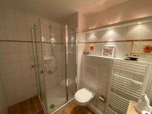 a bathroom with a glass shower and a toilet at Fördeblick Anna in Glücksburg
