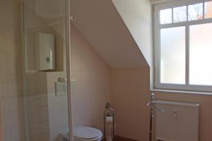 a bathroom with a toilet and a glass shower at Ferienwohnung in der Villa Seestern in Nienhagen +27 photos