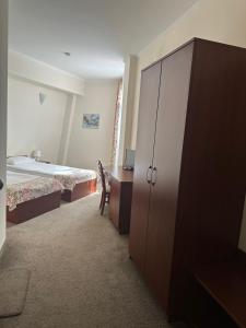 a bedroom with a bed and a cabinet and a desk at Dafovska Hotel in Pamporovo