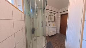 a glass shower in a bathroom with a sink at Ferienwohnung Ri-Wo in Malta +22 photos