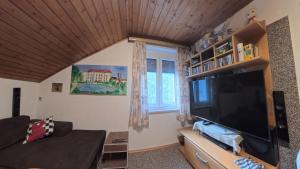 a living room with a large flat screen tv at Ferienwohnung Ri-Wo in Malta