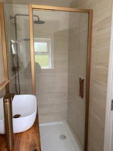 a bathroom with a shower with a sink and a sink at Connemara National Park Lodge in Letterfrack
