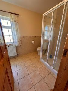a bathroom with a toilet and a glass shower at Beach Side House in Quilty in Quilty +20 photos