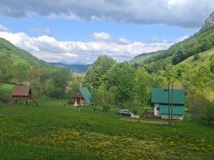 a house and a car in a field with mountains at Vila Verusa 2 in Podgorica