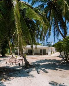 two palm trees and a building on the beach at Azul Retreat in Dhigurah