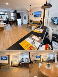 two pictures of a living room and a dining room at Capsule Inn Madrid in Madrid