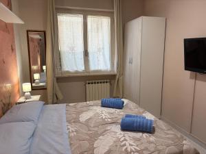 a bedroom with a bed with blue pillows on it at Demetra Apartment Sperlonga in Sperlonga
