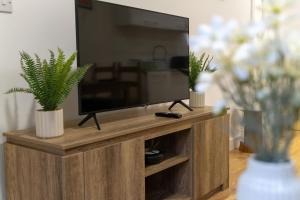 a flat screen tv sitting on a wooden entertainment center at Cozy Urban 2BR with courtyard in Gloucestershire