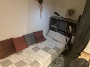 a bedroom with a bed and a book shelf at Un petit truc en plus in Brienne-le-Château