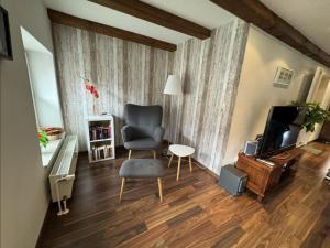 a living room with a chair and a television at Inseldomizil - Melina in Malchow +10 photos