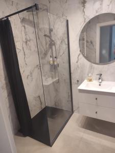 a bathroom with a shower and a sink at Apartament Isabell in Busko-Zdrój +5 photos
