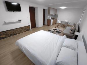 a bedroom with a white bed and a living room at Apartment Matej in Kruševo