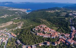 an aerial view of a town on a hill with water at Home Lotus Flower in Labin