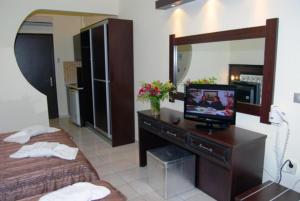 a bedroom with a bed and a mirror and a television at Philoxenia Village Hotel-Studios in Pefkochori