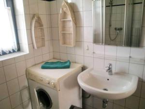 a bathroom with a washing machine and a sink at Ferienhaus Rieke in Friedrichskoog-Spitze +7 photos