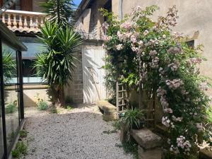 a garden with pink flowers on the side of a building at La Lone 1870 in La Roche-de-Glun
