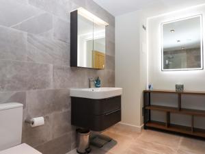 a bathroom with a sink and a mirror and a toilet at Duke's Barn in Totnes +68 photos