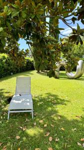 a chair sitting in the grass under a tree at Albornoz Palace Hotel in Spoleto