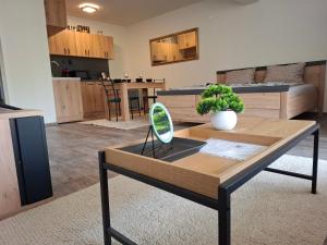 ein Wohnzimmer mit einem Tisch, auf dem eine Pflanze steht in der Unterkunft Apartment Maliva in Weliko Tarnowo