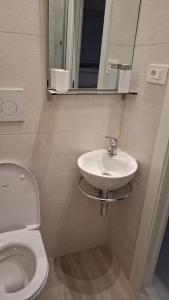 a bathroom with a toilet and a sink and a mirror at Skizzo residence in Santa Maria degli Angeli