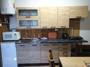 a kitchen with wooden cabinets and a sink and a microwave at Chatička For Funny in Horní Slavkov +15 photos