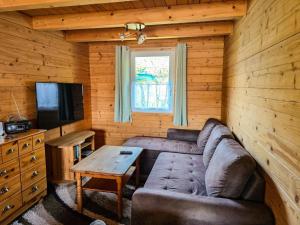 a living room with a couch and a table and a television at Zinnowitz, Haus Jörn in Zinnowitz