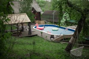 a swimming pool with a pink swan in a yard at El Rancho De Stayki in Stayki