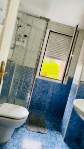 a bathroom with a shower and a toilet and a window at Pisos Baraja Gl in Madrid