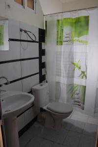 a bathroom with a toilet and a sink and a shower curtain at Kol izem in Ksar el Kbir
