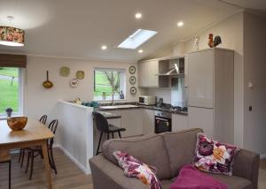 a living room and kitchen with a couch and a table at Clear Sky Lodge Park in Kielder
