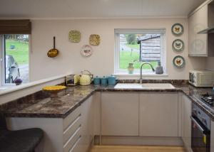 a kitchen with a sink and a counter top at Clear Sky Lodge Park in Kielder