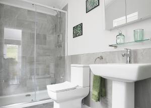 a bathroom with a toilet and a sink and a shower at Clear Sky Lodge Park in Kielder +19 photos