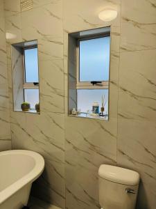 a bathroom with a toilet and a sink and two windows at Kim Guesthouse in Harare