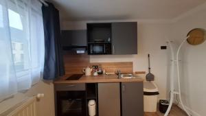 a small kitchen with a sink and a microwave at Logis Hôtel-restaurant Le Grand Cerf in Ernée +31 photos