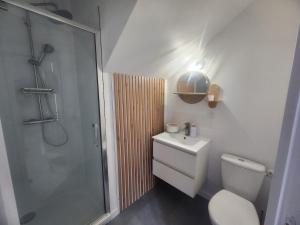 a bathroom with a shower and a toilet and a sink at Le Petit Lamballais in Lamballe Armor