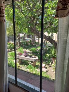 a window view of a garden with a bench outside at Hotel Praise in Capilla del Monte
